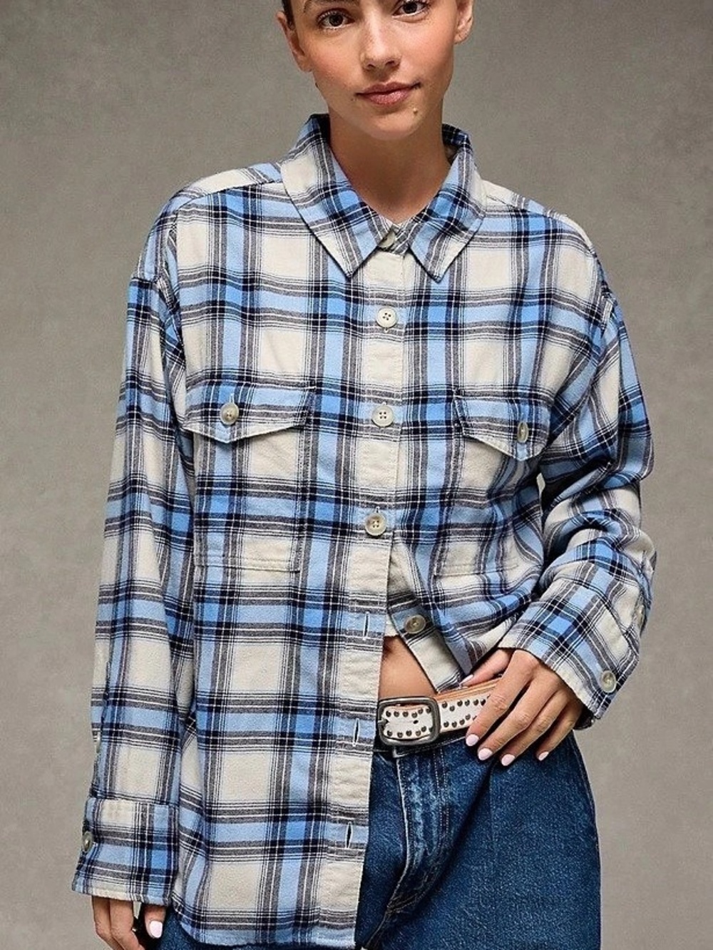 AMERICAN EAGLE Plaid Shirt Jacket in Blue & White Size large NWT